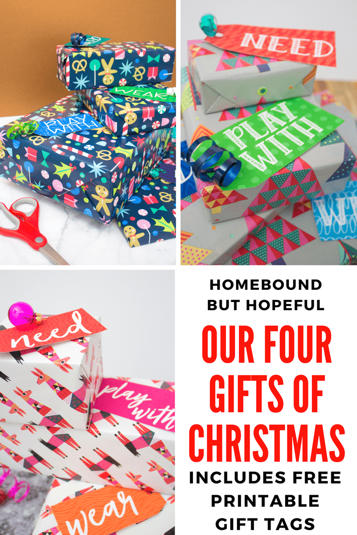Kids don't need a ton of STUFF every Christmas. Check out how my family limits our gift giving to just four gifts of Christmas, and how we make it work for us. You can grab your free printable gift tags too, to make using the system with your family even easier! #christmas #christmasgifts #christmasforkids #fourgifts #fourgiftsofchristmas #4gifts #4giftsfchristmas #gifttags #freeprintables #christmashacks #holidayhacks #wantneedplaywithread