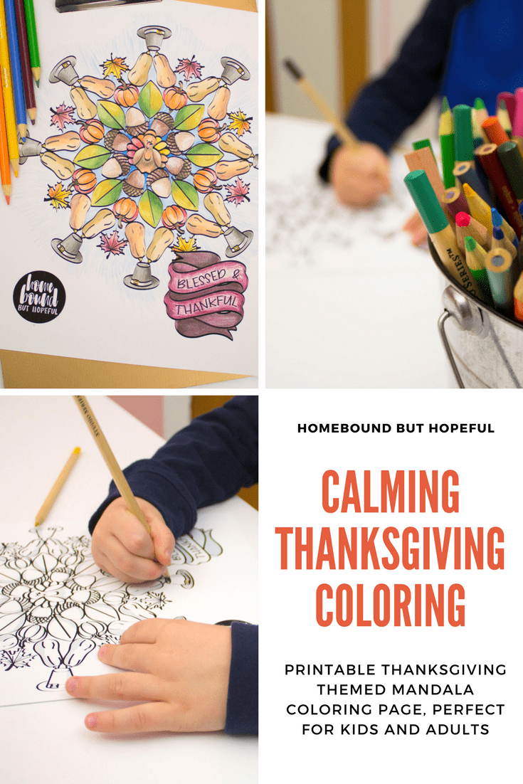If holiday stress is wearing on you, color yourself calm with this cute and peaceful Thanksgiving themed adult coloring page. It's the perfect holiday stress relief for all ages! #adultcoloring #mandala #holidaystress #thanksgiving #freeprintable #keepcalmandcolor