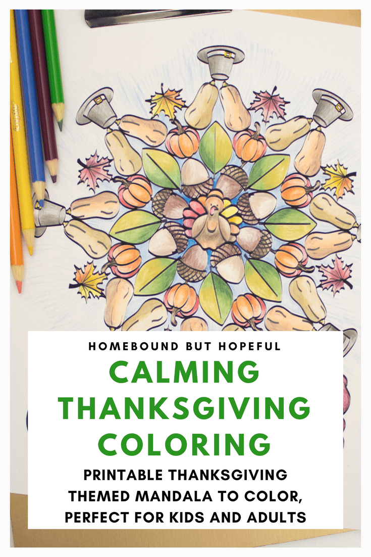 If holiday stress is wearing on you, color yourself calm with this cute and peaceful Thanksgiving themed adult coloring page. It's the perfect holiday stress relief for all ages! #adultcoloring #mandala #holidaystress #thanksgiving #freeprintable #keepcalmandcolor