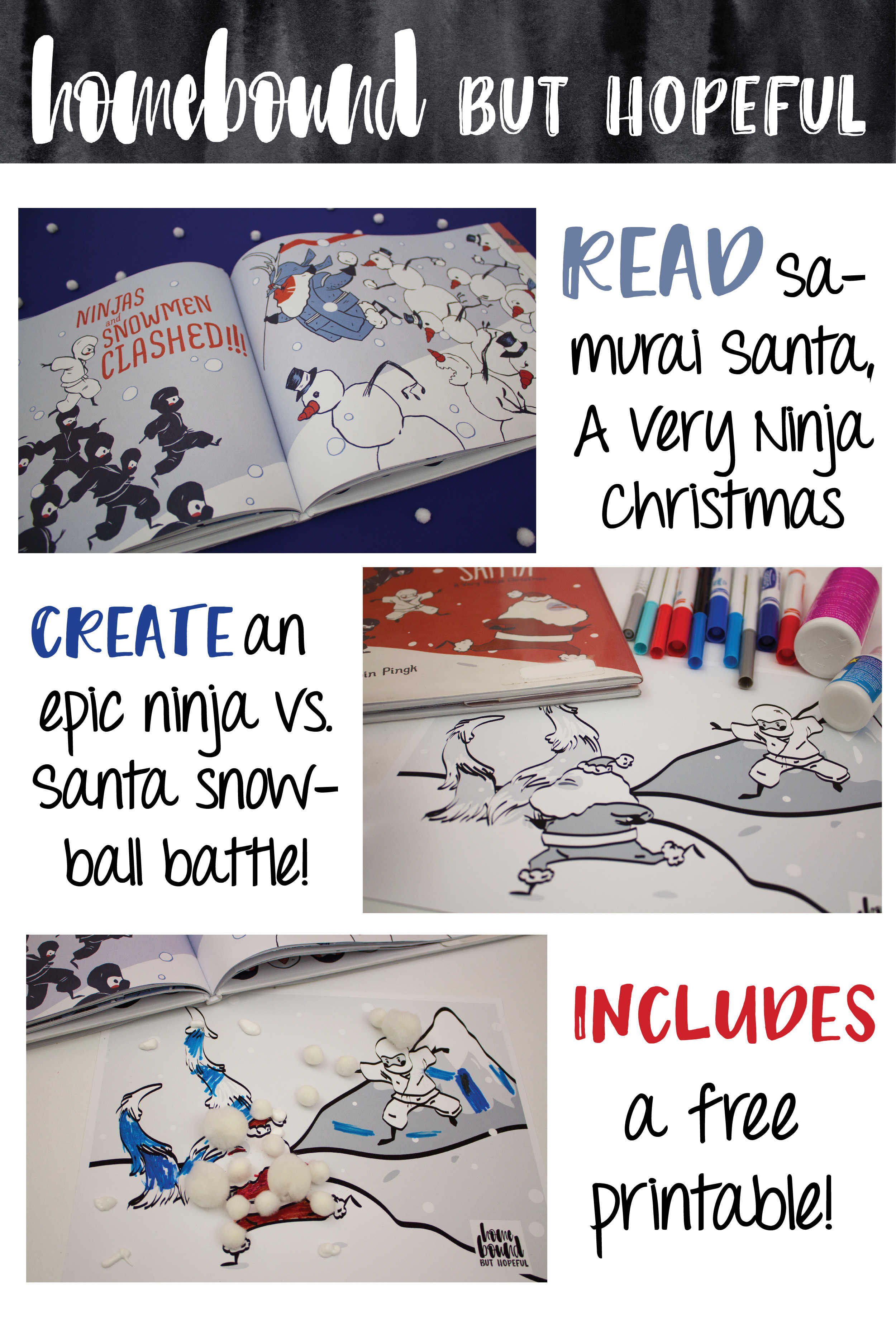 Read a fresh, fun Christmas tale with 'Samurai Santa'. When you finish reading, use the free printable to wage your OWN snowball fight between Santa & Yukio! 