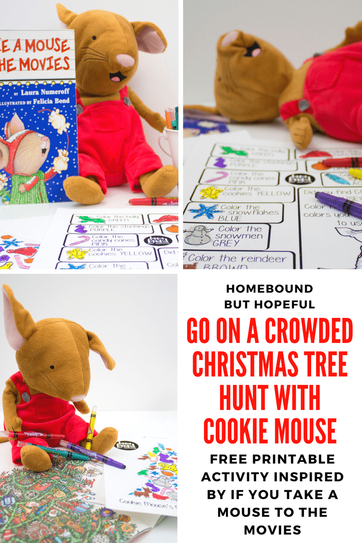 Here's a fun and simple find and color activity for kids inspired by If You Take A Mouse To The Movies. Read the book together, and then let your little ones go on crowded tree hunt inspired by Cookie Mouse! #CookieMouse #beyondthebook #holidayactivity #ChristmasFun #Christmasprintable #freeprintable #kidlit