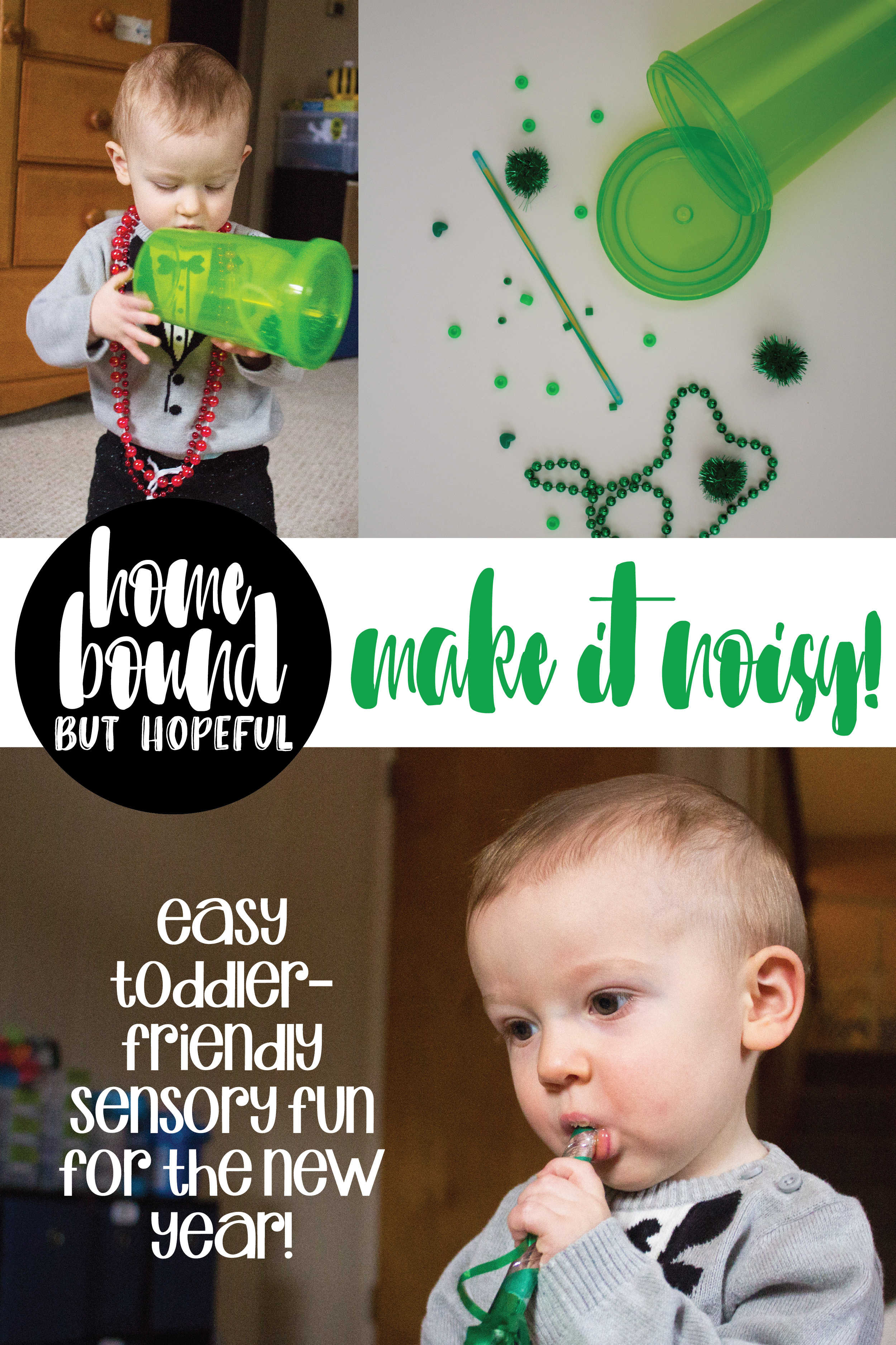 We put together a super simple New Year's sensory playkit for my toddler- you can quickly adapt this idea to any holiday and have some noisy fun together!