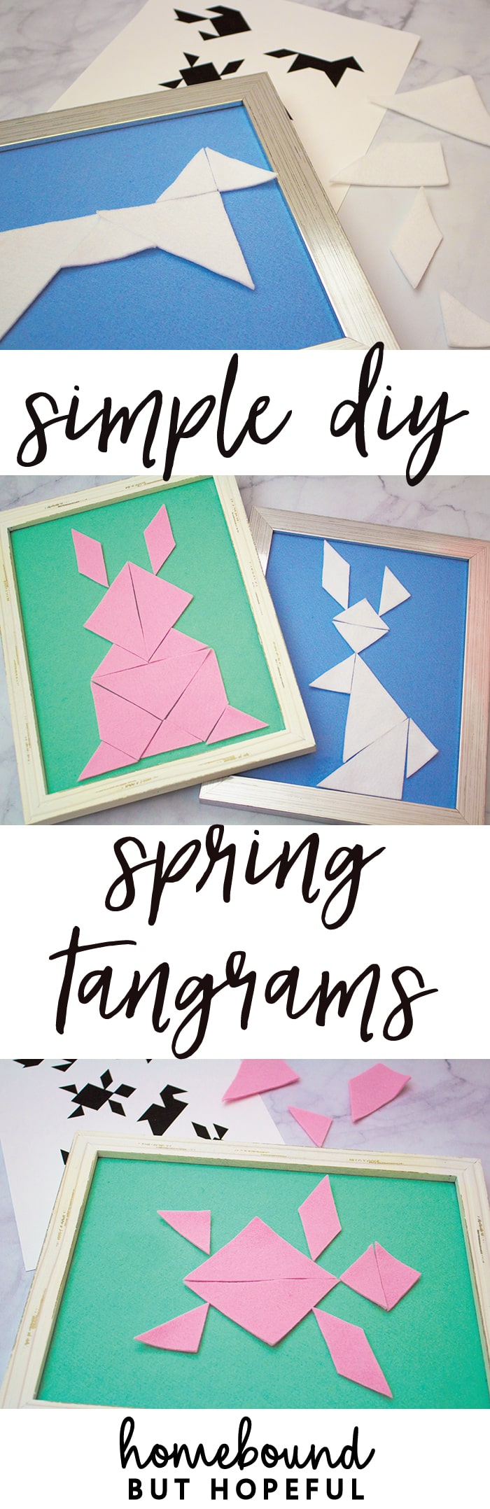 These easy spring tangram puzzles are a quick and simple DIY project that will keep kids thinking! They're perfect to pop into an Easter basket to keep your kiddos busy without resorting to screen time. I've included free printables to get your project started.
