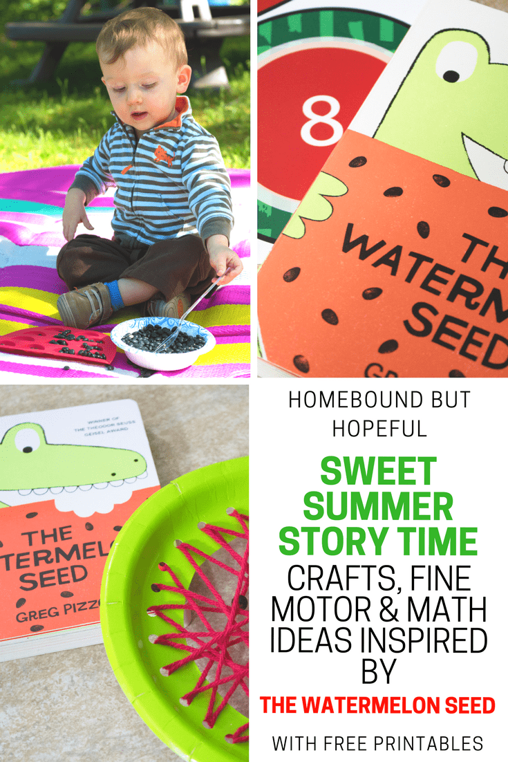 Enjoy a sweet summer story time inspired by Greg Pizzoli's The Watermelon Seed. Grab ideas for crafts, fine motor work, and simple math, along with free printables! #TheWatermelonSeed #summer #summerlearning #earlylearning #earlyliteracy #picturebook #boardbook #storytime #beyondthebook #readingextension