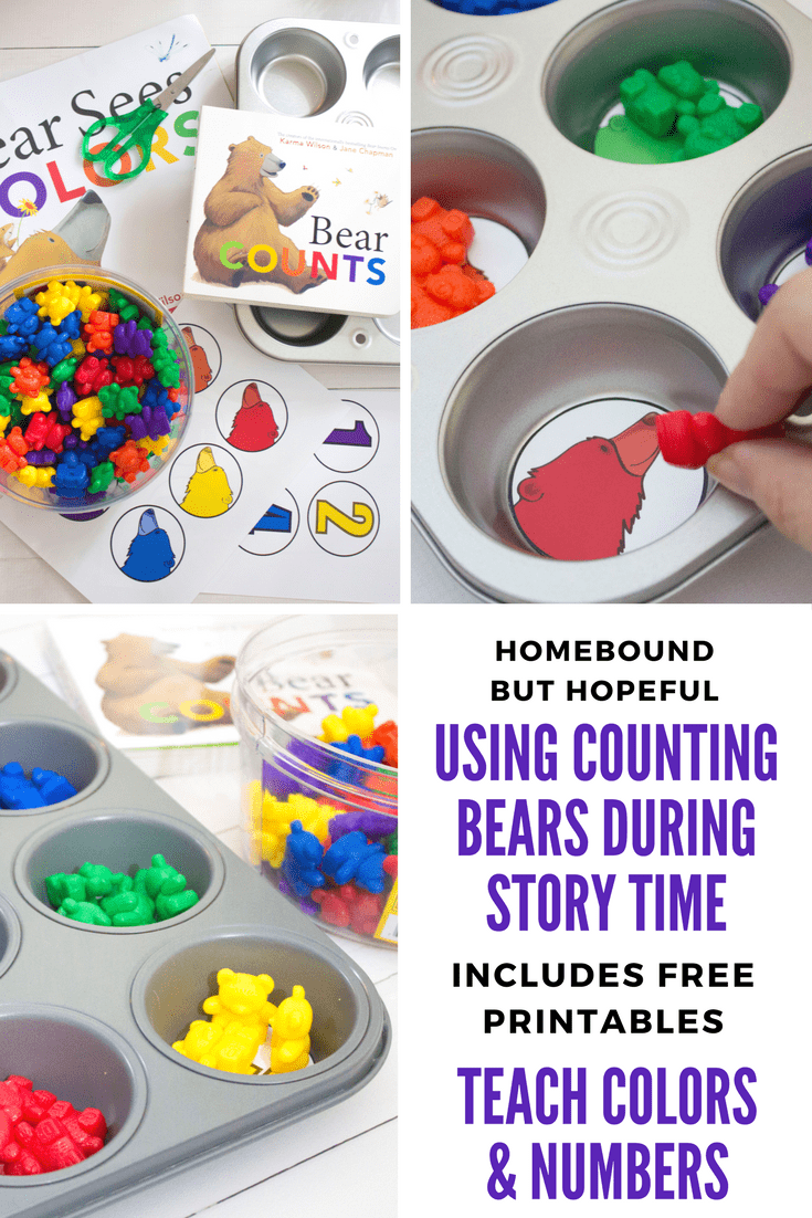 Story time can be a great time to reinforce basic foundation skills with your preschooler. Check out this fun story time that pairs Counting Bears with Karma Wilson's 'Bear' series to help teach colors and numbers. #countingbears #storytime #beyondthebook #freeprintables #learnathome #karmawilson #bearseescolors #bearcounts #picturebooks #kidlit