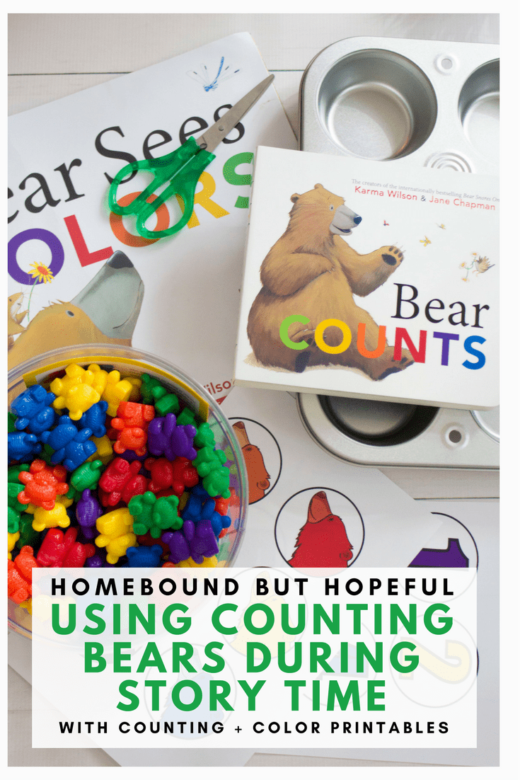 Story time can be a great time to reinforce basic foundation skills with your preschooler. Check out this fun story time that pairs Counting Bears with Karma Wilson's 'Bear' series to help teach colors and numbers. #countingbears #storytime #beyondthebook #freeprintables #learnathome #karmawilson #bearseescolors #bearcounts #picturebooks #kidlit