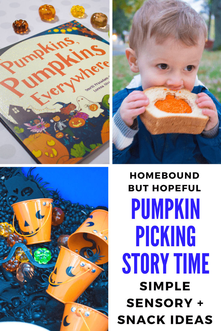 Halloween is here! Enjoy a read aloud inspired Pumpkin Picking Story Time. Check out some ideas for a fun sensory bin and snack to accompany the book- perfect for all your little ghouls and goblins! #ad #pumpkinpicking #storytime #readaloud #sensorybin #beyondthebook #snacksforkids #Halloween