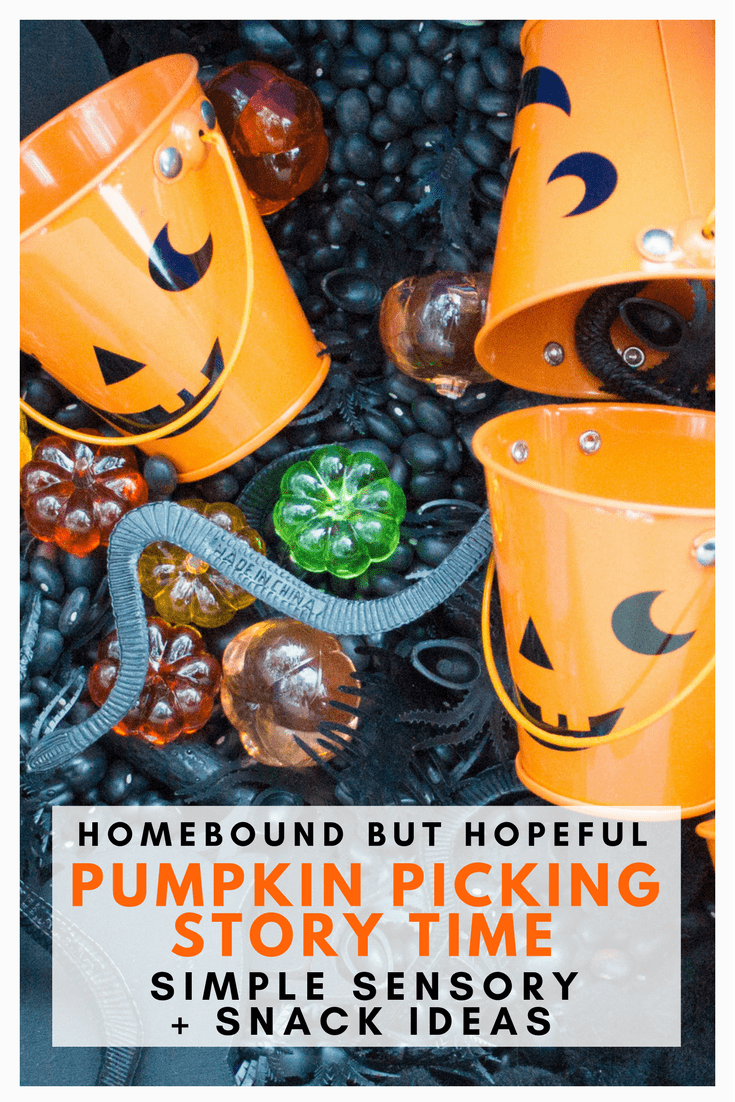 Halloween is here! Enjoy a read aloud inspired Pumpkin Picking Story Time. Check out some ideas for a fun sensory bin and snack to accompany the book- perfect for all your little ghouls and goblins! #ad #pumpkinpicking #storytime #readaloud #sensorybin #beyondthebook #snacksforkids #Halloween