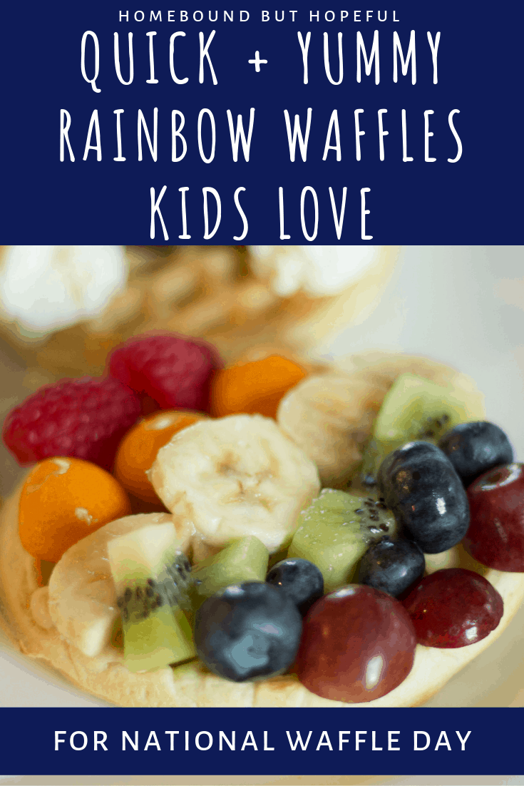 If your kids are like my boys - all about fruit, and often psyched for a tasty breakfast - you won't want to miss these quick + yummy fruity rainbow waffles we put together to celebrate National Waffle Day! They're also perfect for St. Patrick's Day, birthdays, or any morning that needs a little extra color! #NationalWaffleDay #foodkidslove #rainbowwaffles #kidscancook #eattherainbow