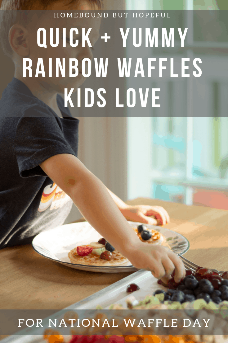 If your kids are like my boys - all about fruit, and often psyched for a tasty breakfast - you won't want to miss these quick + yummy fruity rainbow waffles we put together to celebrate National Waffle Day! They're also perfect for St. Patrick's Day, birthdays, or any morning that needs a little extra color! #NationalWaffleDay #foodkidslove #rainbowwaffles #kidscancook #eattherainbow