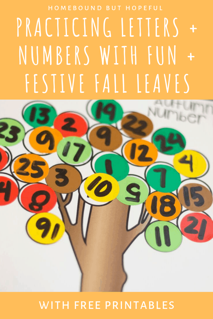 Grab these free printables, inspired by festive fall leaves, for your preschooler to practice letters and numbers this autumn! #earlylearning #preschoolactivities #homeschool #fallvibes #fallleaves