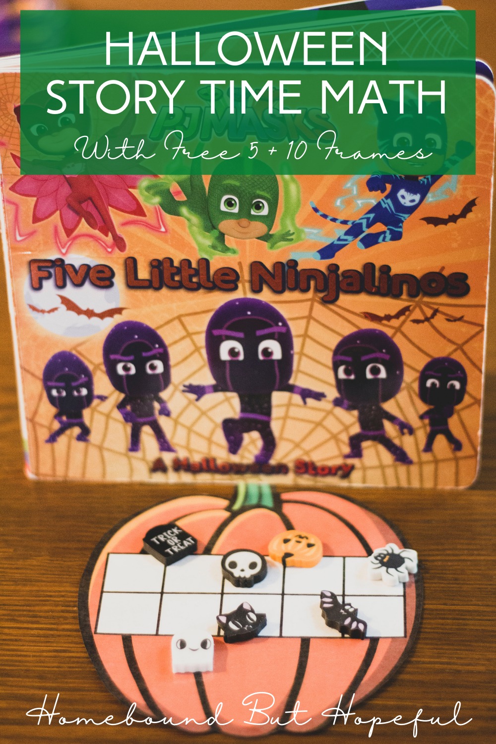 Math practice is extra fun, and extra spooky when you pair it with a Halloween book! Grab your free 5 + 10 frames, then have a Halloween math story time of your own!